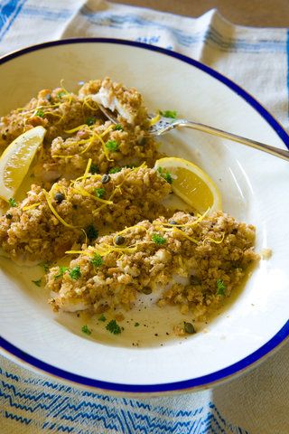 Lemon & caper oven baked blue cod Cod Fillets, Cod Recipe, Cod Recipes, Stale Bread, Fish Plate, Lemon Rind, Fish Market, Crumb Topping, Grilled Fish