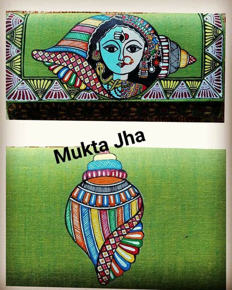 Shankha Design Painting, Shankha Design, Hand Pars, Madhubani Motifs, Painted Wallet, Mithila Art, Mithila Painting, Happy Holi Images, Shiv Parvati