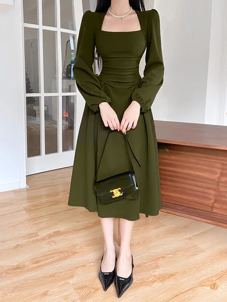 Green Puff Sleeve Midi Hem Dress – Ncocon Sunday Dress Outfit, Green Satin Dress, Sunday Dress, Plunge Neckline, Green Satin, Long Sleeve Midi, Long Sleeve Midi Dress, Satin Dress, Hem Dress