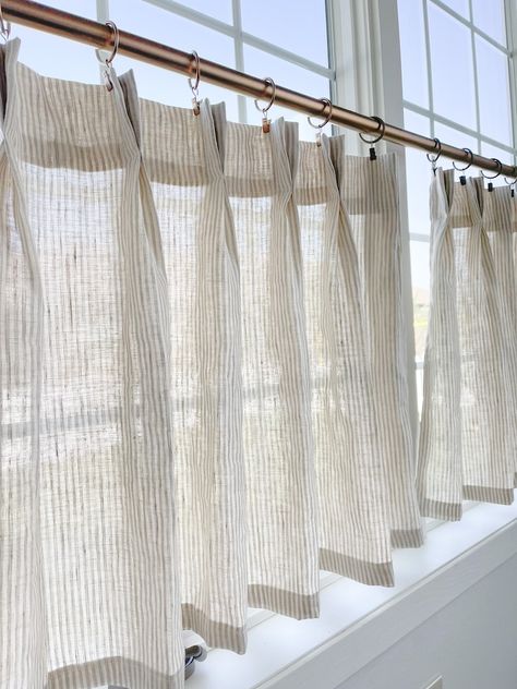 Striped Kitchen Curtains, Half Height Curtains, Kitchen Linen Curtains, Mudroom Curtain Ideas, French Tudor Kitchen, Textured Linen Curtains, Cafe Curtains In Dining Room, Cafe Curtains With Clip Rings, Cafe Curtain Rings