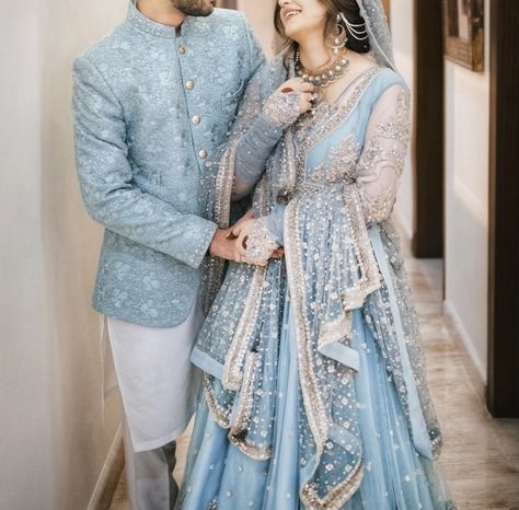 Light Blue Nikah Dress, Walima Couple Matching Dress, Matching Nikkah Outfits, Nikha Dresses Pakistani Couple, Engagement Couple Dress Pakistani, Mehndi Groom Outfit Pakistani, Wedings Drees Couple, Engagement Dress For Groom, Wedding Matching Outfits