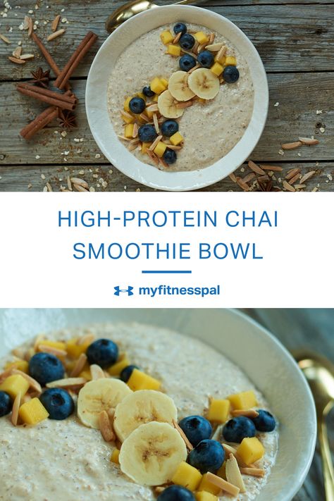 Chai spices are whipped together with Greek yogurt and flax seeds in this breakfast smoothie bowl recipe, packing it full of protein and flavor. Chai Bowls Breakfast Recipes, Chai Smoothie Bowl, Chia Smoothie Bowl, Chi Seed Recipes, Yogi Recipes, Chai Protein Smoothie, Breakfast Smoothie Bowl Recipes, Chai Smoothie, Chia Bowl