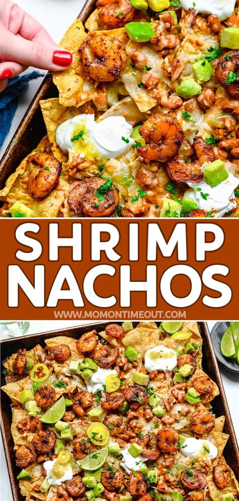 These Shrimp Nachos are a tasty seafood twist on everyone's favorite appetizer! Crispy chips, perfectly seasoned, succulent shrimp and ooey-gooey cheese make these nachos a win for game day or tonight's family dinner! // Mom On Timeout Southwest Appetizers, Seafood Nachos, Shrimp Fry, Shrimp Nachos, Nacho Recipes, Nachos Supreme, Nachos Recipe Easy, Mom On Timeout, Nacho Bar