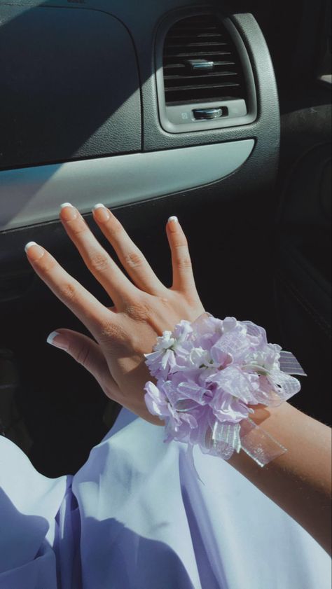 Light Purple Dress Aesthetic, Aesthetic Lavender Dress, Prom Nails With Purple Dress, Lavender Prom Aesthetic, Aesthetic Corsage, Purple Corsages, Purple Prom Aesthetic, Lavender Prom, Corsage Aesthetic