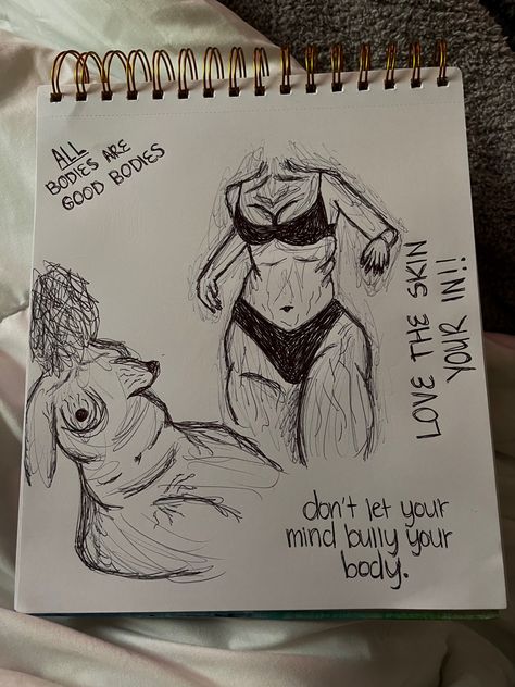 Body Positive Sketch, Drawing Of Body Image, Body Doodles, Positivity Drawings, Body Disphorphia Art, Body Dysformia Art, Body Disphorphia, Body Image Art, Body Positivity Art