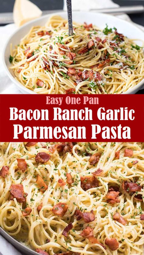 Easy One Pan Bacon Ranch Garlic Parmesan Pasta – Reserveamana Pasta Parmesan, Garlic Parmesan Pasta, Parmesan Spaghetti, Parmesan Pasta, Pasta Dinner Recipes, Bacon Ranch, One Pot Pasta, Weeknight Dinner Recipe, Healthy Family