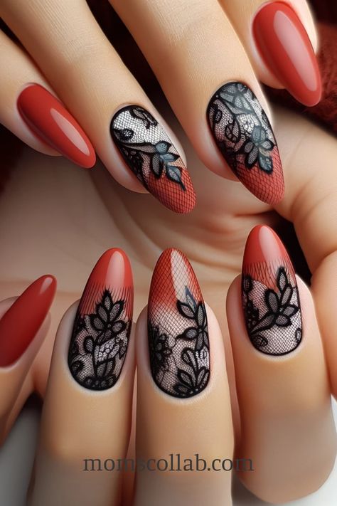 10 Bold Red and Black Nail Designs That Speak Volumes Lace Nail Design Wedding, Red Lace Nails, Red Nails Art, Red Black White Nails, Black Lace Nails, Red Black Nails, Lace Nail Design, Galaxy Nail Art, Black White Nails