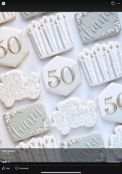 50th Birthday Cookies, No Bake Sugar Cookies, Anniversary Cookies, Happy Birthday Cookie, Iced Sugar Cookies, Sugar Cookie Designs, Cutout Sugar Cookies, Elegant Birthday, Fancy Cookies