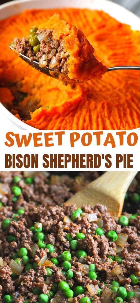 Sweet Potato Pot Pie, Bison Meat Recipes, Ground Bison Recipes, Bison Recipes, Ground Bison, Bison Meat, Fall Eats, Buffalo Recipe, Shepherd's Pie Recipe