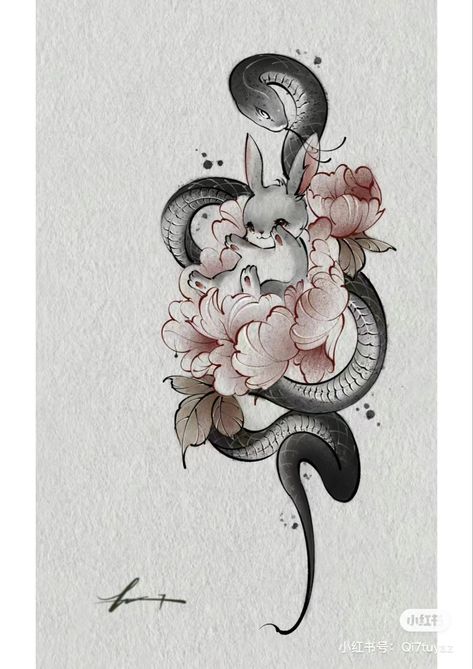 Snake And Daffodil Tattoo, Rabbit And Dragon Tattoo, Rabbit Snake Tattoo, Snake And Rabbit Tattoo, Semi Realism Tattoo, Floral Snake Tattoo Design, Kelpie Tattoo, Cute Snake Tattoo, Asian Tattoo Sleeve