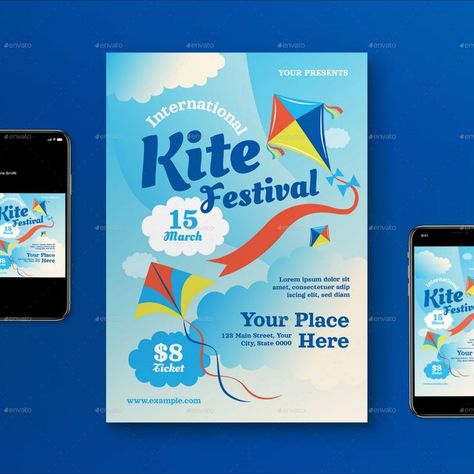 Blue Gradient International Kite Festival Flyer Set Kite Illustration, Kite Flyer, Kite Festival, Festival Flyer, Blue Gradient, Flower Frame, Vector Free, Logo Design, Festival