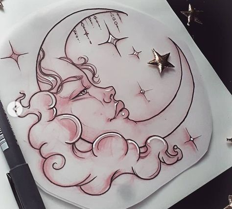 Cloud And Moon Drawing, Moon And Cloud Tattoo Designs, Girly Moon Tattoos, Cool Moon Drawings, How To Draw A Crescent Moon Step By Step, Celestial Drawing Ideas, Moon And Clouds Drawing, Moon Clouds Tattoo, Moon And Cloud Tattoo