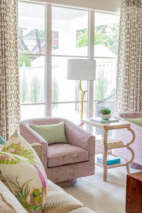 Mauve vintage swivel accent chairs boast green pillows in front of window with green and tan curtains over tan rug. Home Moodboard, Vintage Wingback Chair, Mint Pillow, Folding Patio Doors, Mint Green Walls, Cottage Kitchen Design, Outdoor Swivel Chair, Pillow Living Room, Wicker Coffee Table