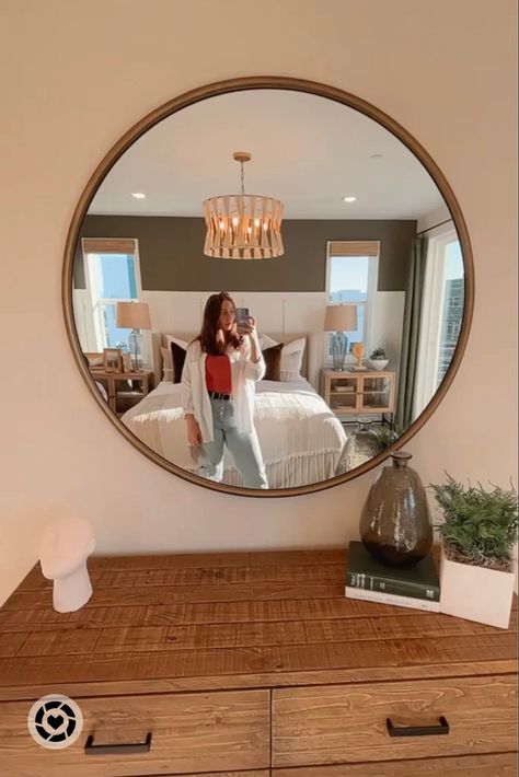 Super #easy #outift idea from #target! #Home #decor also linked ♥️ #circlemirror #dresser #chandelier #boho #masterbedroom #bedroom Dresser With Circle Mirror, Mirror Over Dresser, Gold Circle Mirror, Chandelier Boho, Target Home, Circle Mirror, Target Home Decor, Sims Builds, College Room