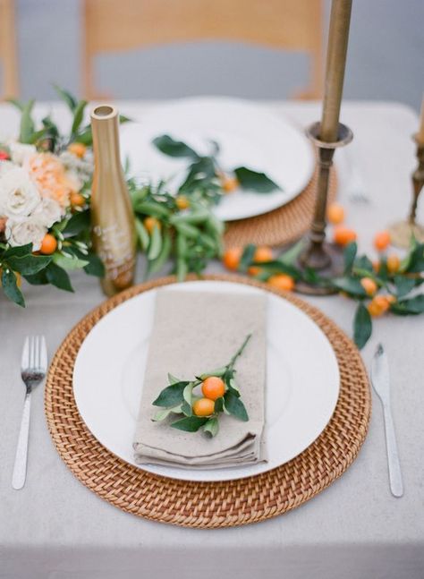 Photography: Adrian Michael Photography, Planning: French Kiss Events, Florals: Clare Day Flowers Kumquat Wedding, Elegant Spring Wedding Ideas, Fruits Decoration, Fall Brunch, Citrus Wedding, Decoration Evenementielle, Wedding Tableware, Dinner Ware, Tafel Decor