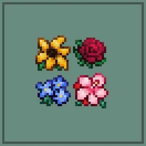 Flowers! (Black-eyed Susan, Rose, Forget-Me-Not, Plum Blossom) [16x16] - - - #aseprite #pixelart #digitalartist #flowers Forget Me Not Pixel Art, Pixel Art Flower Small, Flores Pixel Art, Pixel Art Nature, Rose Pixel Art, Flowers Pixel Art, Tapestry Earrings, Pixel Plants, 16x16 Pixel Art