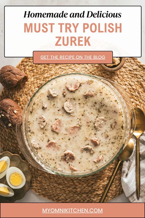 Elevate your soup game with this authentic Zurek recipe! Packed with flavor from fermented rye flour, this Polish specialty is sure to impress your taste buds and warm your soul.  #zurek #sourryesoup #polishsoup #polishzurek #kielbasa #bialakielbasa #easterzurek #eastersoup #zakwas #polskazupa #zupa #traditions #polishcuisine Zurek Soup, Polish Soup, Soup Broth, Rye Flour, Sour Soup, Aromatic Herbs, Polish Recipes, Smoked Sausage, Sourdough Starter