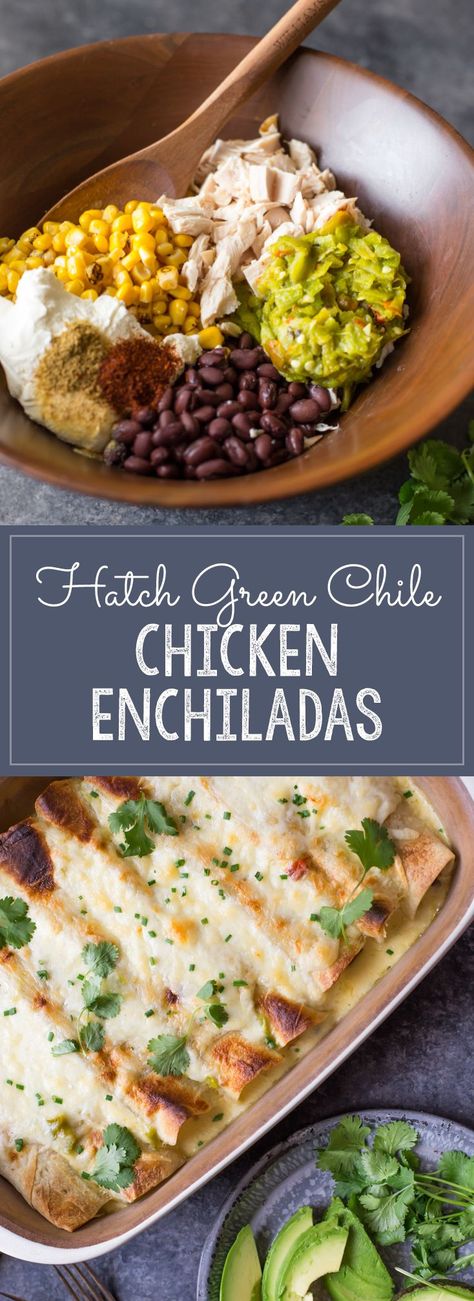 Hatch Green Chile Chicken Enchiladas - Chicken enchiladas with corn and black beans, covered in a creamy Hatch green chile cheese sauce. A quick and easy dinner with just the right amount of heat! Hatch Green Chili Recipe, Hatch Chili Recipes, Corn And Black Beans, Green Chile Recipes, Green Chili Recipes, Green Chile Chicken Enchiladas, Green Chile Chicken, Chile Recipes, Hatch Green Chile