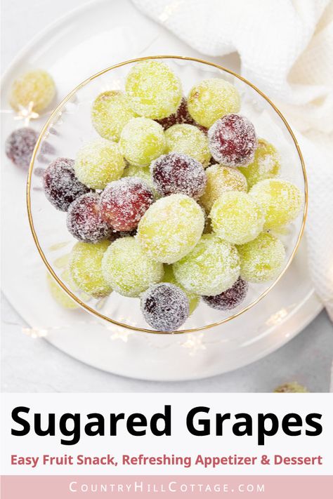 bowl of sugared grapes Sugared Grapes How To Make, Sugar Coated Grapes, Sugar Grapes How To Make, New Years Grapes, Frosted Grapes Recipe, Coated Grapes, Sugar Grapes, Prosecco Grapes, Grape Appetizers