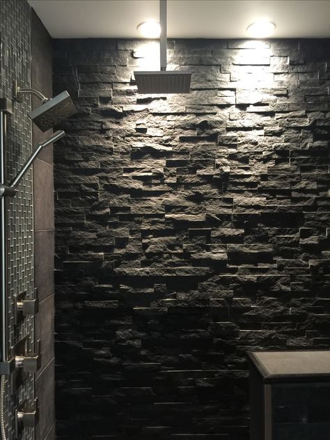 Darker Shower Tile Ideas, Black Slate Tiles Bathroom, Manly Shower Tile, Black Stone Shower Wall, Black Rock Backsplash, Dark Grey Slate Bathroom, Big Tiled Shower Ideas, Grey And Black Shower Tile Ideas, Black Stone Bathroom Floor