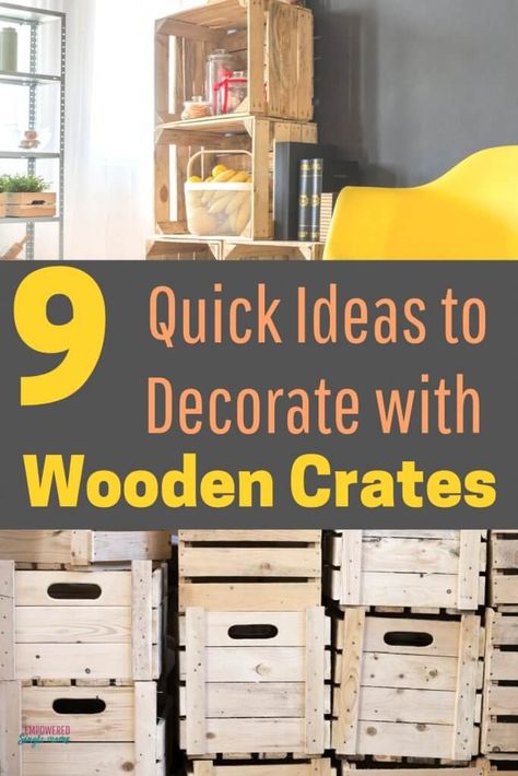 Learn how to make lovely DIY nightstand, ottoman and coffee table out of wooden crates. You can use vintage wine or apple crates or buy new crates and paint or stain them to use for shelves in the kitchen, living room, home office or kid's room. Crates are a great way to display books or other special collectibles. #decorating, #woodencrates Wooden Crates Projects, Wooden Crate Furniture, Wine Crate Furniture, Wooden Crate Coffee Table, Crate Projects, Crate Decor, Diy Wooden Crate, Vintage Crates, Coffee Diy