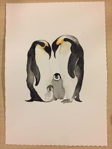 Penguin Tattoo Family, Penguin Family Drawing, Penguin Watercolor Painting, Penguin Family Tattoo, Watercolor Penguins, Penguin Sketch, Watercolor Penguin, Penguin Watercolor, Family Watercolor