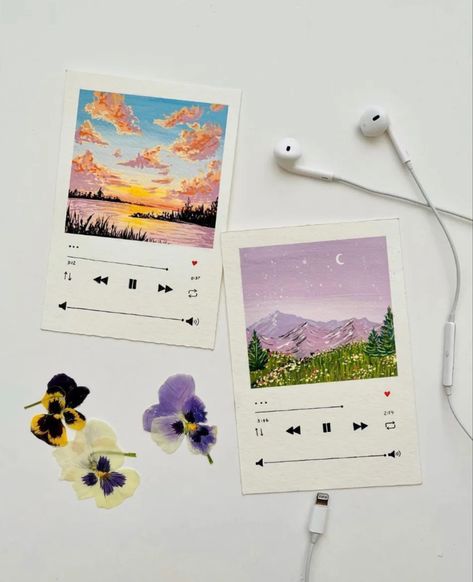 Cute Aesthetic Things To Paint Easy, Painted Poloroid Pictures Ideas, Spotify Watercolor, Spotify Bookmark, Spotify Painting Ideas, Small Painting Ideas Aesthetic, Mini Watercolor Painting, Card Painting Ideas Acrylic, Polaroid Pictures Drawing