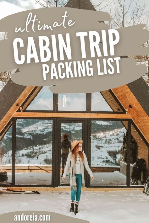 Planning a cabin trip? Make sure you pack everything on this list! From clothes and gear to food and entertainment, we've got you covered. Also don't forget to download our free printable cabin trip packing list before you go! Follow this board for the best travel tips and tricks! Cabin Things To Bring, Winter Cabin Trip Packing List, Big Bear Trip Essentials, Packing For Mountain Trip, Cabin Essentials Packing Lists, Cabin Trip Outfit Spring, Mountain Vacation Packing List, Cabin Getaway Packing List, Packing List Mountains