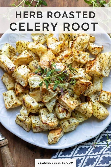 Roasted Celeriac with Italian herbs is a simple, tasty side dish that's ready in just 20 minutes with 4 simple ingredients. This easy method for cooking celery root is a great way to use this flavorful and under-utilised vegetable. A low-carb keto alternative to roasted potatoes. Cooking Celery, Roasted Celery Root, Roasted Celeriac, Vegan Thanksgiving Side Dishes, Celeriac Recipes, Roasted Celery, Roast Celeriac, Menu Suggestions, Best Vegetable Recipes