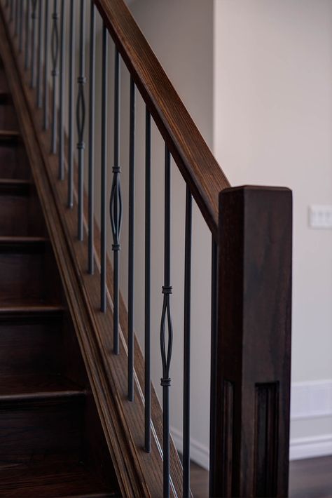 Rod Railing, Square Newel Post, Wrought Iron Banister, Stairs Remodel, Stairway Railing, Cabin Stairs, Chettinad House, Iron Spindles, Wrought Iron Stair Railing