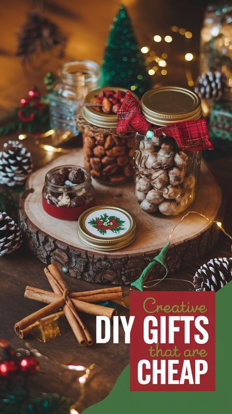 Festive scene with jars of nuts and sweets on a wooden slice, surrounded by pinecones and fairy lights. Text: "Creative DIY Gifts that are Cheap." Cozy holiday vibe. Edible Gifts Homemade, Christmas Gifts On A Budget, Frugal Christmas Gifts, Homemade Hot Chocolate Mix, Gifts On A Budget, Eco Friendly Wrapping, Frugal Christmas, Salt Dough Ornaments, Dough Ornaments