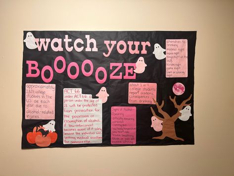 all pink to fit a Barbie theme:) Meet Your Ra Bulletin Board, Meet Your Ra, Halloween Alcohol, Hallway Decorations, Ra Door Decs, College Bulletin Boards, Alcohol Awareness, Ra Bulletins, Ra Boards