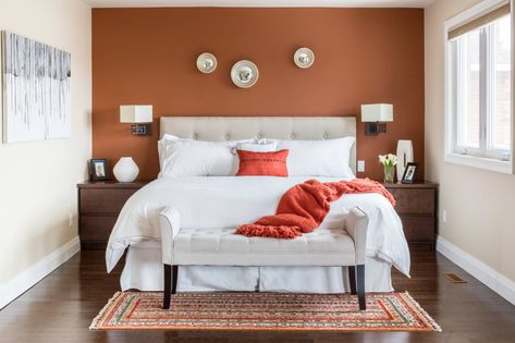 Orange Bedroom Walls, Burnt Orange Bedroom, Orange Accent Walls, Feature Wall Bedroom, Orange Rooms, Bedroom Color Combination, Orange Bedroom, Brown Rooms, House Images