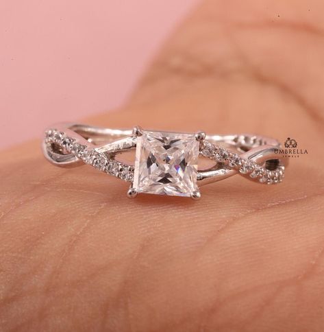 Princess Cut Wedding Set, Twisted Princesses, Pave Wedding Rings, Rose Gold Moissanite Ring, Engagement Rings Twisted, Princess Cut Moissanite, Twisted Ring, Jewelry Personalized, Sterling Silver Engagement Rings