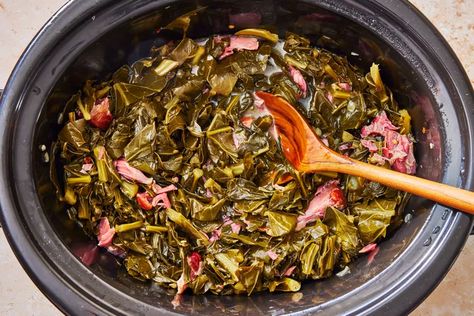 Slow-Cooker Collard Greens With Ham Hocks Recipe Collard Greens Recipe Ham Hock, Slow Cooker Collard Greens, Cooking Collard Greens, Ham Hock Recipes, Bakewell Cake, Southern Collard Greens, Collard Greens Recipe, Ham Hock, Southern Dishes