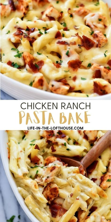 Chicken Ranch Pasta Bake is a simple pasta recipe bursting with creamy ranch flavor. Pasta Dishes Chicken, Chicken Bacon Ranch Bake, Simple Pasta Recipe, Chicken Ranch Pasta, Chicken Bacon Ranch Pasta, Chicken Ranch, Ranch Pasta, Creamy Ranch, Chicken Pasta Bake