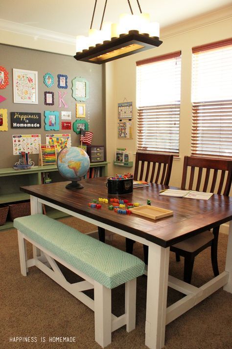 #Homeschool #Room with DIY farmhouse table too. Pretty ideas to turn a room in your home into a learning station. :) Homeschool Room Design, Homeschool Room Organization, Movie 43, Home Study Rooms, Homework Room, Farmhouse Dining Room Table, Study Room Design, Homeschool Room, Diy Farmhouse Table