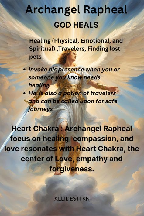 Archangel Rapheal brings healing and wholeness to all levels physical, emotional and spiritual. Invoke his presence when you or a loved one needs healing. #archangelrapheal #healing #wholeness #recovery #physicalhealing #emotionalhealing #spiritualhealing Arc Angels, All Archangels, Archangel Raziel, Angel Guides, Guardian Angel Pictures, Spiritually Connected, 7 Archangels, Angel Therapy, Light Beings