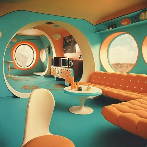 Space age 60’s living room : r/midjourney Retro Futurism Interior, Space Age Interior, Space Age Aesthetic, 60s Space Age, Age Aesthetic, 70s Interior, Retro Interior Design, Futuristic Home, Futuristic Interior