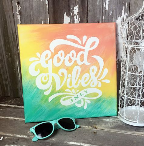 Hand Painted 12x12 Canvas Wall Art Good Vibes by ThePinkToolBox Cheap Wall Art, Canvas Painting Ideas, Cute Canvas Paintings, Metal Tree Wall Art, Cute Canvas, Canvas Painting Diy, Canvas Signs, Cool Paintings, Diy Canvas