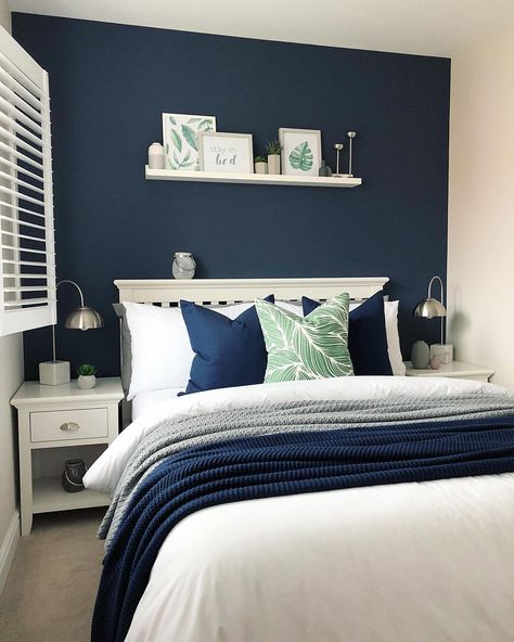 Claire on Instagram: “Glad you are all liking my little decorating tips on my stories. The tape was a godsend for doing my feature wall in here too. It was scary…” Best Bedroom Paint Colors, Blue Bedroom Walls, Navy Blue Bedrooms, Small Apartment Bedrooms, Feature Wall Bedroom, Blue Bedroom Decor, Dekorasi Kamar Tidur, Bedroom Color Schemes, غرفة ملابس