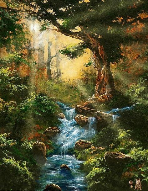 Beautiful Paintings Of Nature, Beautiful Landscape Paintings, Waterfall Paintings, Marco Antonio, Scenery Paintings, Landscape Art Painting, Forest Painting, Pop Art Painting, Nature Art Painting