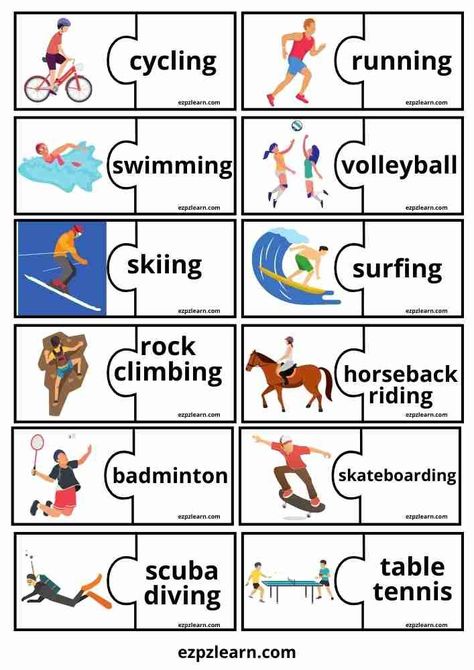 Free Printable Puzzle Match Game Topic Sports For Kids ESL Resource Sports For Kids Activities, Sports Worksheets For Kids, Sport Activities For Kids, Sport Games For Kids, Language Games For Kids, Sport For Kids, Flashcard Games, Sports For Kids, Sport English