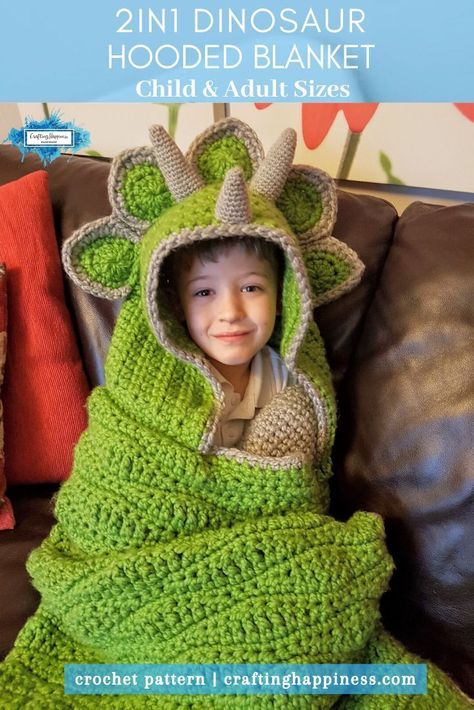 2in1 Dinosaur Hooded Blanket Adults & Kids by Crafting Happiness  What a great idea! A cuddly, warm hooded blanket your child or yourself can snuggle in and then it folds into a decorative dino cushion in the shape of a triceratops dinosaur.   #kidsblankets #crochetblanket  #hoodedblanketcrochet #animalcrochetblanket #dinoblanket #foradults #forchildren #fortoddlers #hoodieblanket #hoodedanimalblanketforadults #crochetdino #dinosaurblanket #easycrochetblanket #wearableblanket #dinosaurpattern Crochet Dinosaur Patterns, Dinosaur Blanket, Crocheted Blanket, Crochet Dinosaur, Manta Crochet, Haken Baby, Dinosaur Pattern, Basic Crochet Stitches, Wearable Blanket