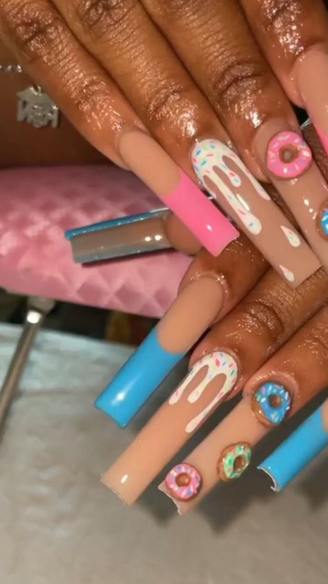 Donut Nails, Babysitting Crafts, Base Ideas, Long Acrylic Nail Designs, Cute Acrylic Nail Designs, Glow Nails, Long Acrylic Nails Coffin, Long Square Acrylic Nails, Bling Acrylic Nails