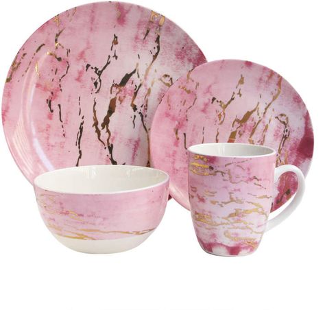 Jay Import Co Marble Porcelain 16-Piece Dinnerware Set - Pink Pink Gold Marble, Tidbit Plates, Metallic Glaze, Marble Kitchen, Classic Table, Marble And Gold, Porcelain Dinnerware, Pink Kitchen, Gold Marble