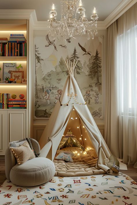 Magical Children's Room Makeover: Cozy Play Tent & Whimsical Decor! Toddler Bedroom Forest, Rich Playroom, Teepee Reading Nook, Children Reading Corner, Cute Reading Corners, Fairy Kids Room, Bedroom Teepee, Reading Tent For Kids, Sophisticated Playroom