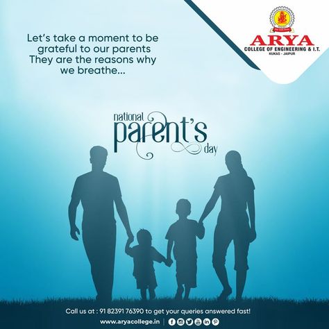 Let's thank our parents for their numerous sacrifices and efforts in making our lives more comfortable and happier. #AryaCollege of Engineering & IT, Wishes you very Happy National Parents' Day. #NationalParentsDay #arya1stoldcampus #aceit #engineering #engineeringcollege National Parents Day, Happy Parents Day, Happy Parents, Post Ad, Parents Day, Engineering Colleges, Creative Posters, Creative Ads, Post Design