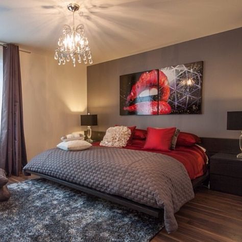 ♥ Omg, rocky horror lips bedroom!! Totally going to be our guest room! ⚡️ Posh Bedroom, Red Bedroom Decor, Grey Bedroom Design, Brown Bedroom, Grey Bedroom, Bedroom Red, Bedroom Retreat, Red Rooms, Gray Bedroom