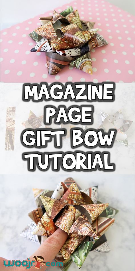 Recycled Magazine Page Gift Bow Tutorial Gift Bow Tutorial, Old Magazine Crafts, Recycled Crafts Kids Projects, Recycled Magazine Crafts, Recycled Journal, Recycled Paper Crafts, Recycled Crafts Kids, Paper Crafts Magazine, Recycled Magazine